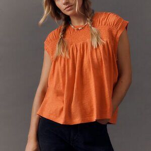 By Anthropologie Smocked Yoke Top Sleeveless Pullover Orange NWT XS
